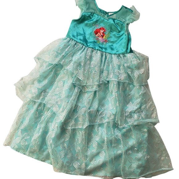 Disney Ariel Little Mermaid Party Dress Girls 4 Tiered Glittery Teal Costume - Picture 1 of 10